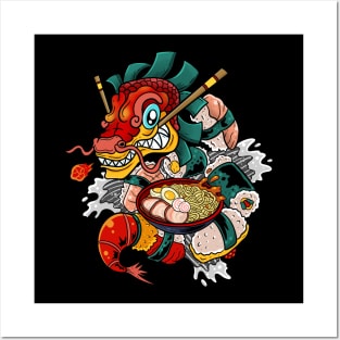 Fiery Feast: Sushi Ramen Dragon Posters and Art